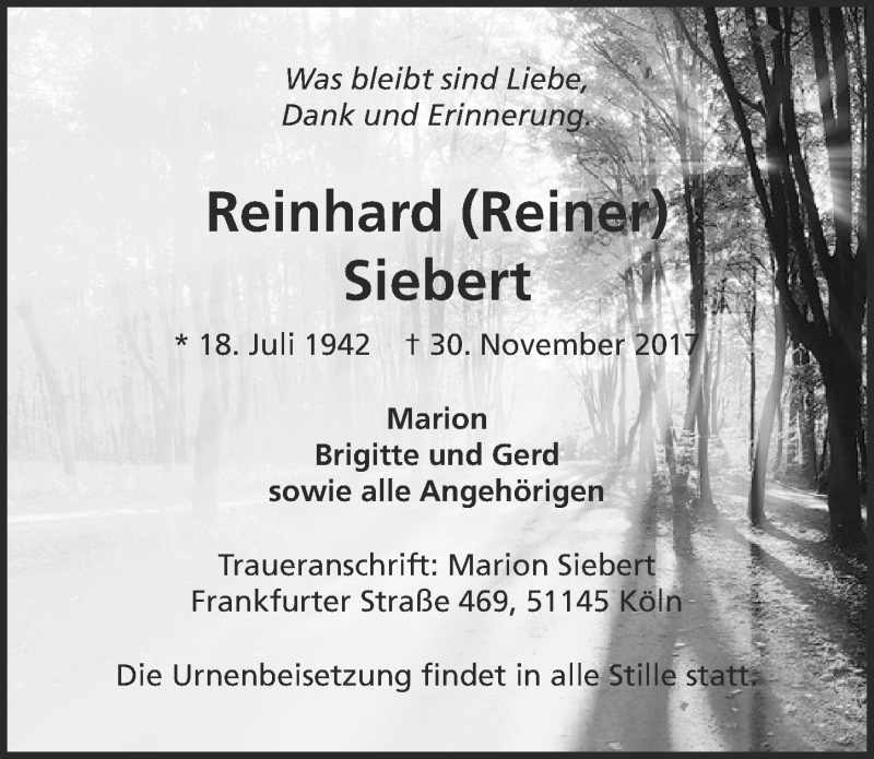  Traueranzeige für Reinhard Siebert vom 13.12.2017 aus  Kölner Wochenspiegel 