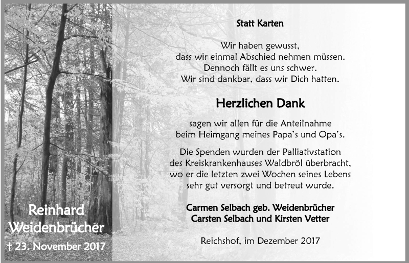  Traueranzeige für Reinhard Weidenbrücher vom 28.12.2017 aus  Anzeigen Echo  Lokalanzeiger 