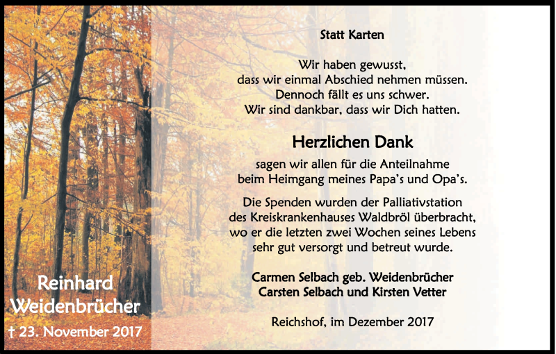  Traueranzeige für Reinhard Weidenbrücher vom 27.12.2017 aus Kölner Stadt-Anzeiger / Kölnische Rundschau / Express