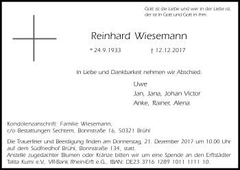 Anzeige von Reinhard Wiesemann von Kölner Stadt-Anzeiger / Kölnische Rundschau / Express