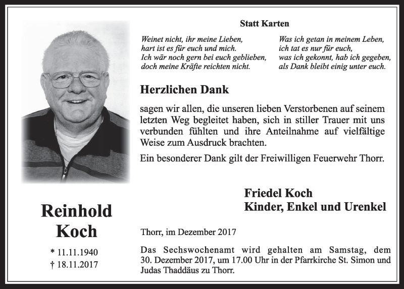  Traueranzeige für Reinhold Koch vom 23.12.2017 aus  Sonntags-Post 