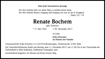 Anzeige von Renate Bochem von Kölner Stadt-Anzeiger / Kölnische Rundschau / Express