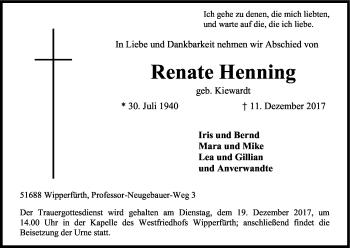 Anzeige von Renate Henning von Kölner Stadt-Anzeiger / Kölnische Rundschau / Express