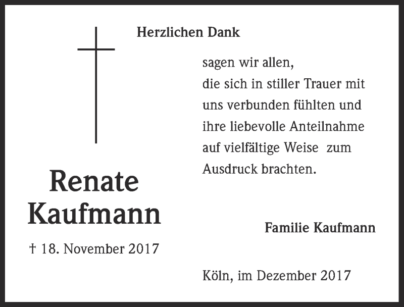  Traueranzeige für Renate Kaufmann vom 20.12.2017 aus  Kölner Wochenspiegel 