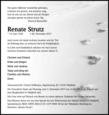 Anzeige von Renate Strutz von Kölner Stadt-Anzeiger / Kölnische Rundschau / Express