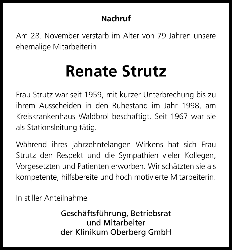  Traueranzeige für Renate Strutz vom 09.12.2017 aus Kölner Stadt-Anzeiger / Kölnische Rundschau / Express