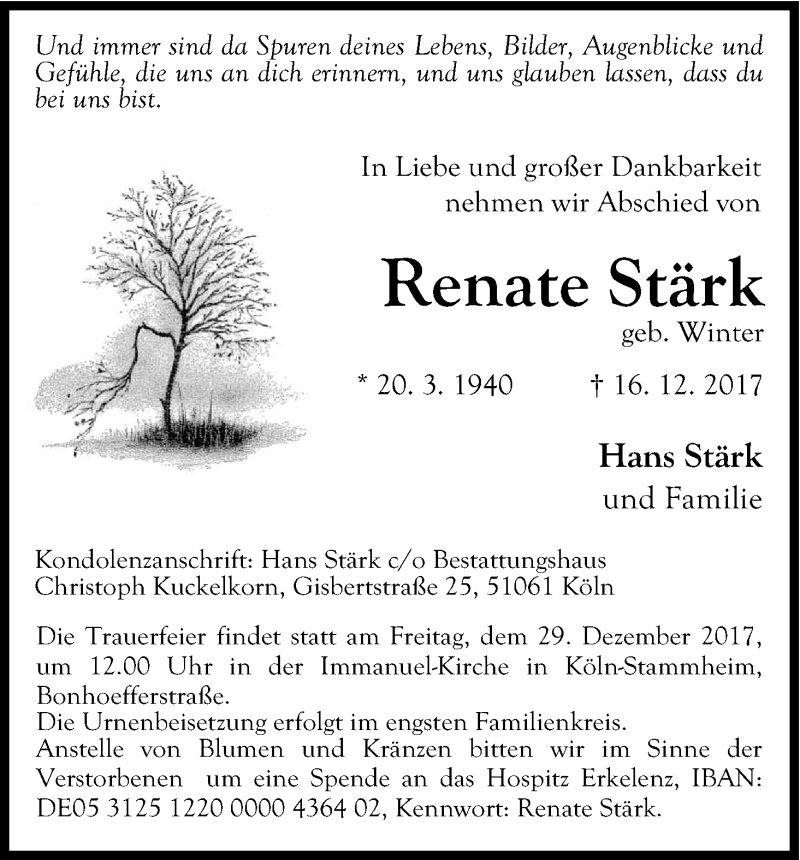  Traueranzeige für Renate Stärk vom 23.12.2017 aus Kölner Stadt-Anzeiger / Kölnische Rundschau / Express