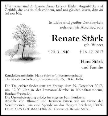 Anzeige von Renate Stärk von Kölner Stadt-Anzeiger / Kölnische Rundschau / Express