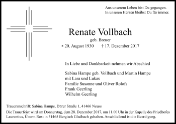 Anzeige von Renate Vollbach von Kölner Stadt-Anzeiger / Kölnische Rundschau / Express