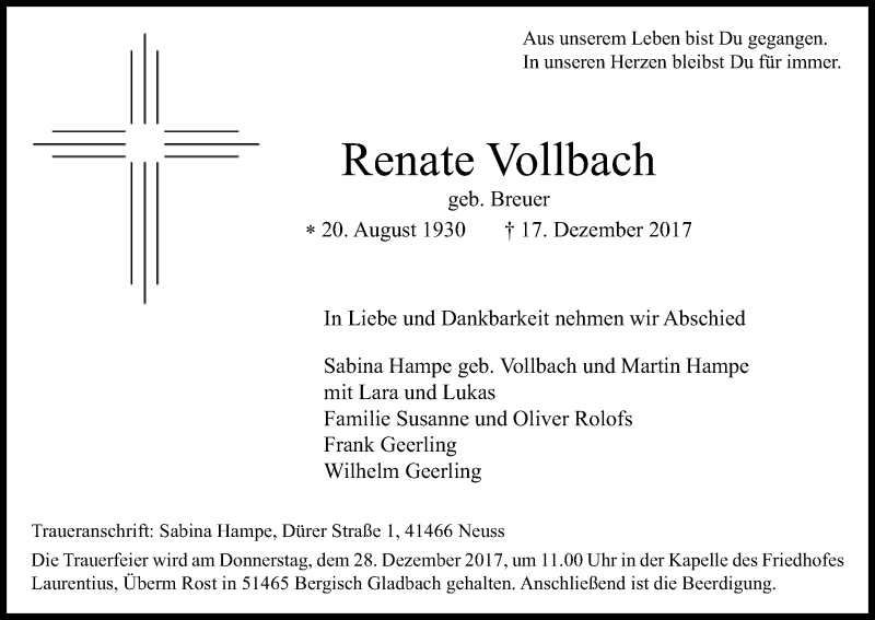  Traueranzeige für Renate Vollbach vom 23.12.2017 aus Kölner Stadt-Anzeiger / Kölnische Rundschau / Express