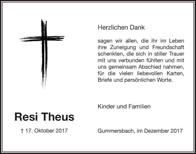  Traueranzeige für Resi Theus vom 06.12.2017 aus  Anzeigen Echo 