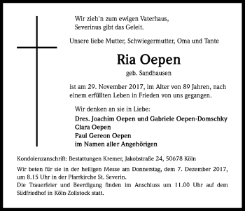 Anzeige von Ria Oepen von Kölner Stadt-Anzeiger / Kölnische Rundschau / Express