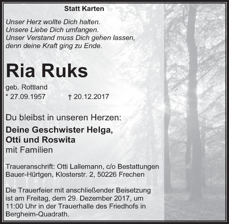  Traueranzeige für Ria Ruks vom 28.12.2017 aus  Werbepost 
