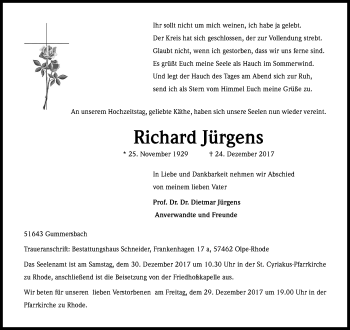 Anzeige von Richard Jürgens von Kölner Stadt-Anzeiger / Kölnische Rundschau / Express