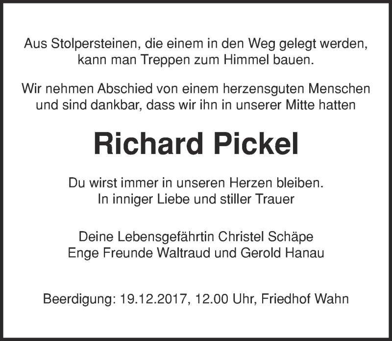 Traueranzeige für Richard Pickel vom 13.12.2017 aus  Kölner Wochenspiegel 