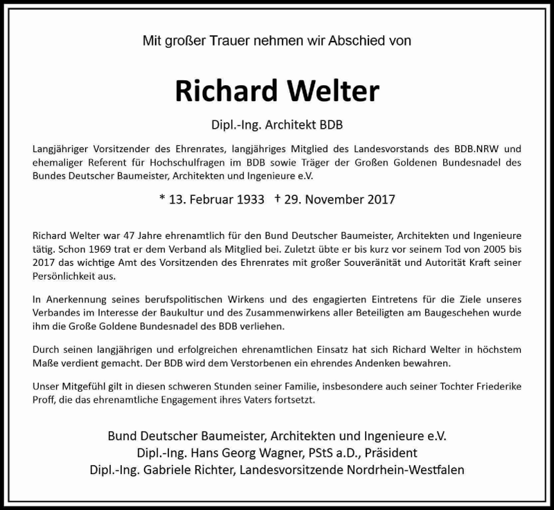  Traueranzeige für Richard Welter vom 06.12.2017 aus Kölner Stadt-Anzeiger / Kölnische Rundschau / Express