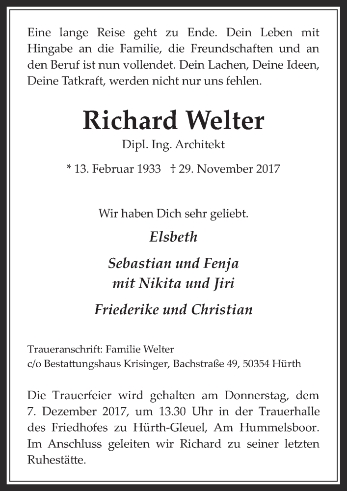 Traueranzeige für Richard Welter vom 06.12.2017 aus  Wochenende 