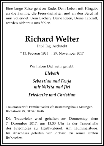 Anzeige von Richard Welter von Kölner Stadt-Anzeiger / Kölnische Rundschau / Express