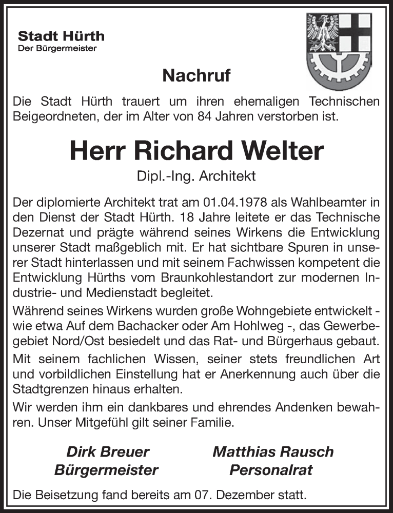  Traueranzeige für Richard Welter vom 09.12.2017 aus  Sonntags-Post 