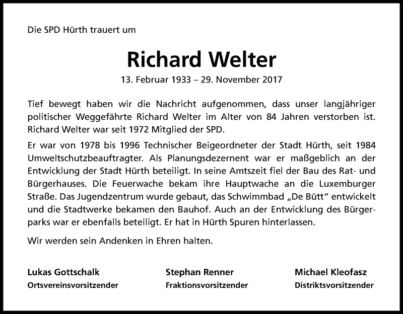  Traueranzeige für Richard Welter vom 09.12.2017 aus Kölner Stadt-Anzeiger / Kölnische Rundschau / Express