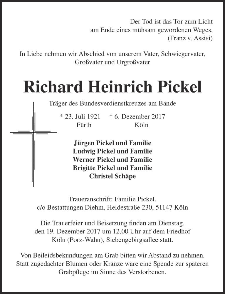  Traueranzeige für Richard Heinrich Pickel vom 13.12.2017 aus  Kölner Wochenspiegel 