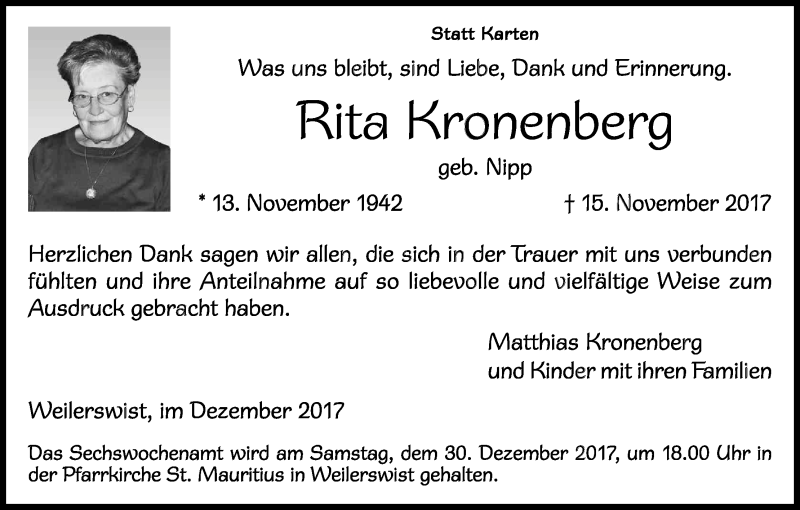  Traueranzeige für Rita Kronenberg vom 16.12.2017 aus Kölner Stadt-Anzeiger / Kölnische Rundschau / Express