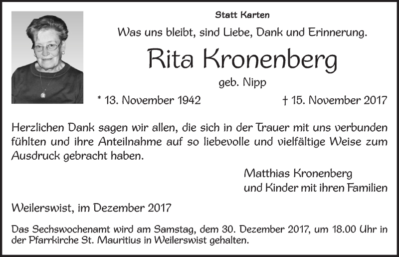  Traueranzeige für Rita Kronenberg vom 16.12.2017 aus  Blickpunkt Euskirchen 