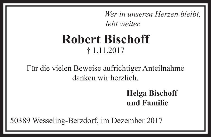 Traueranzeige für Robert Bischoff vom 20.12.2017 aus  Schlossbote/Werbekurier 