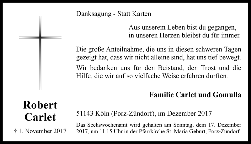  Traueranzeige für Robert Carlet vom 06.12.2017 aus  Kölner Wochenspiegel 