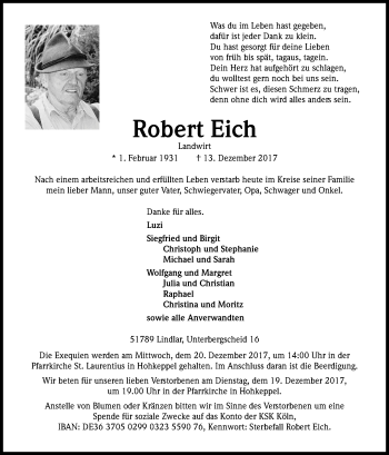 Anzeige von Robert Eich von Kölner Stadt-Anzeiger / Kölnische Rundschau / Express