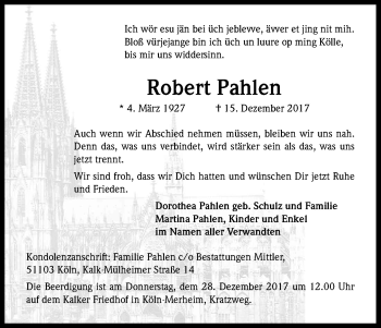 Anzeige von Robert Pahlen von Kölner Stadt-Anzeiger / Kölnische Rundschau / Express