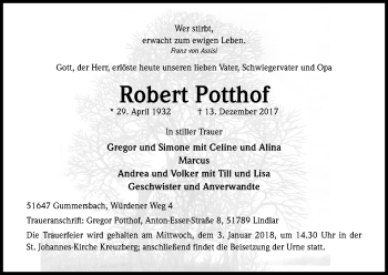 Anzeige von Robert Potthof von Kölner Stadt-Anzeiger / Kölnische Rundschau / Express