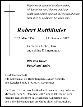 Anzeige von Robert Rottländer von Kölner Stadt-Anzeiger / Kölnische Rundschau / Express