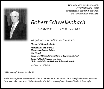Anzeige von Robert Schwellenbach von Kölner Stadt-Anzeiger / Kölnische Rundschau / Express