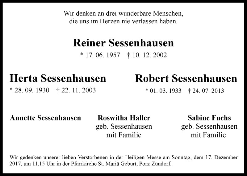  Traueranzeige für Robert Sessenhausen vom 13.12.2017 aus  Kölner Wochenspiegel 