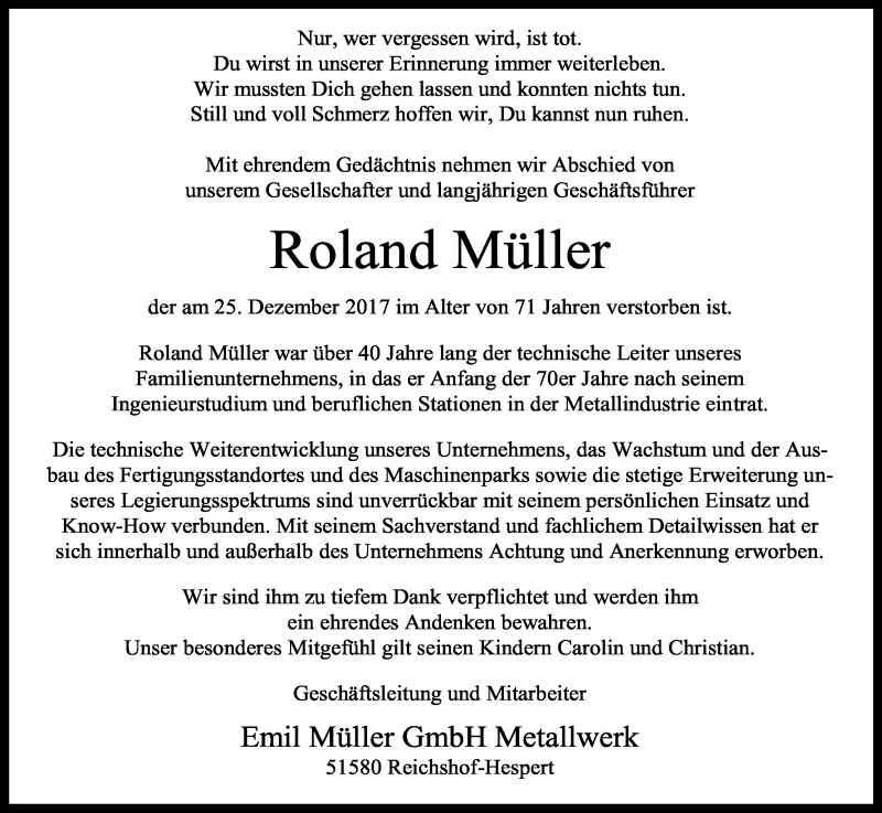  Traueranzeige für Roland Müller vom 28.12.2017 aus Kölner Stadt-Anzeiger / Kölnische Rundschau / Express
