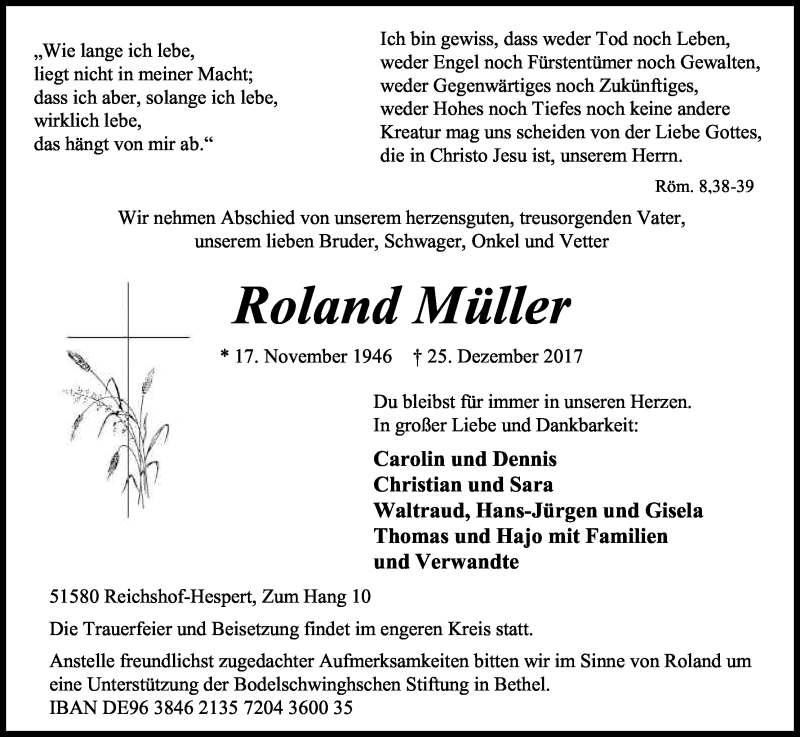  Traueranzeige für Roland Müller vom 28.12.2017 aus Kölner Stadt-Anzeiger / Kölnische Rundschau / Express