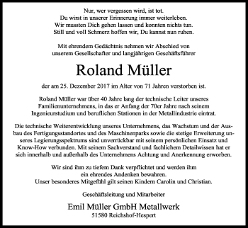 Anzeige von Roland Müller von Kölner Stadt-Anzeiger / Kölnische Rundschau / Express