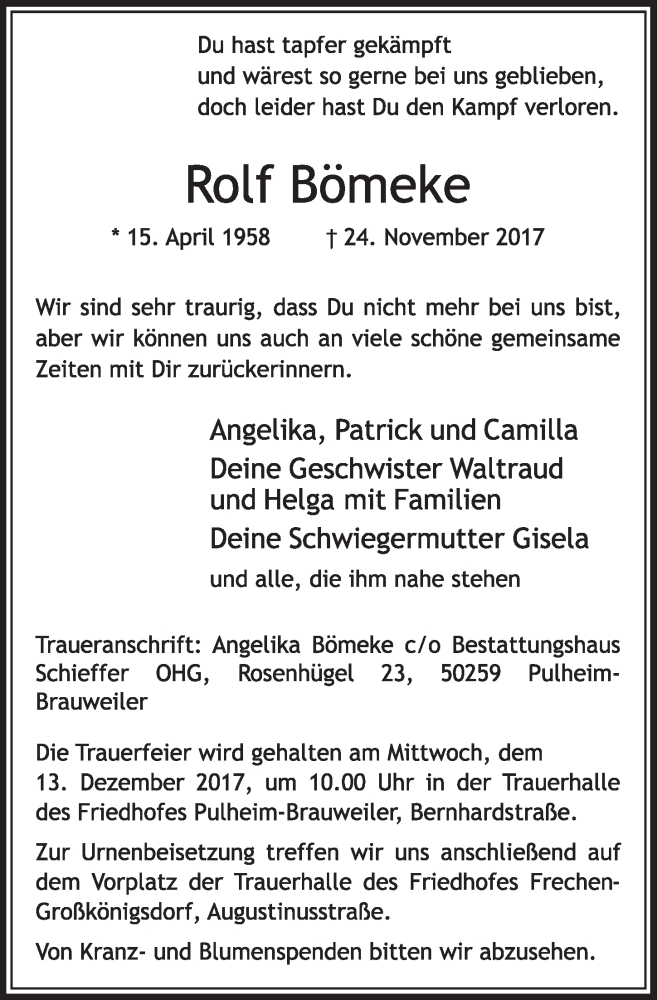  Traueranzeige für Rolf Bömeke vom 02.12.2017 aus  Sonntags-Post 