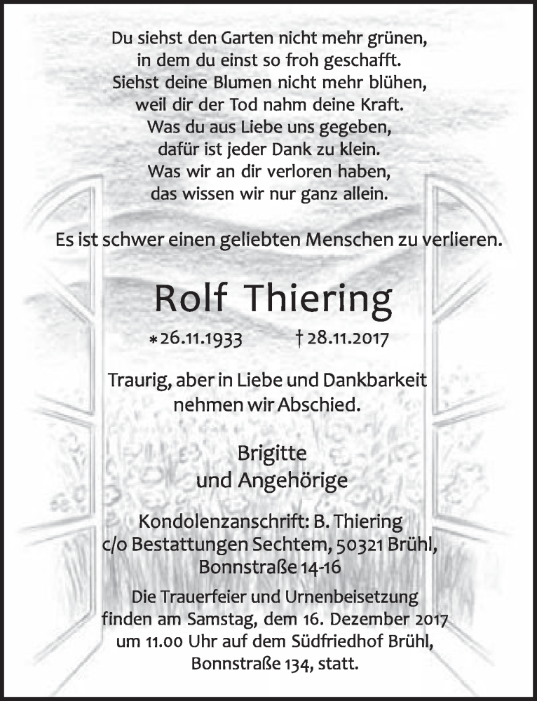  Traueranzeige für Rolf Thiering vom 13.12.2017 aus  Schlossbote/Werbekurier 
