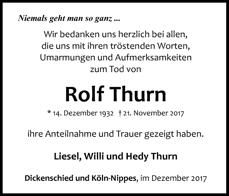  Traueranzeige für Rolf Thurn vom 23.12.2017 aus Kölner Stadt-Anzeiger / Kölnische Rundschau / Express