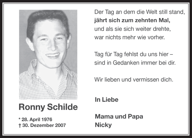  Traueranzeige für Ronny Schilde vom 28.12.2017 aus  Wochenende 