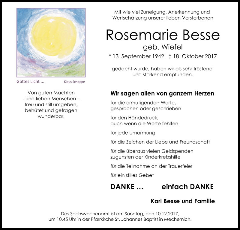  Traueranzeige für Rosemarie Besse vom 09.12.2017 aus Kölner Stadt-Anzeiger / Kölnische Rundschau / Express