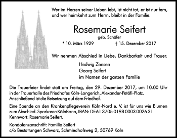 Anzeige von Rosemarie Seifert von Kölner Stadt-Anzeiger / Kölnische Rundschau / Express