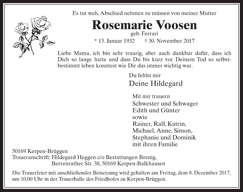  Traueranzeige für Rosemarie Voosen vom 06.12.2017 aus  Werbepost 