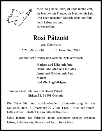 Anzeige von Rosi Pätzold von Kölner Stadt-Anzeiger / Kölnische Rundschau / Express