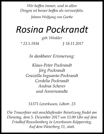 Anzeige von Rosina Pockrandt von Kölner Stadt-Anzeiger / Kölnische Rundschau / Express