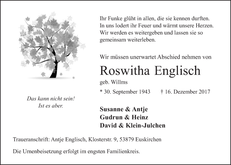  Traueranzeige für Roswitha Englisch vom 23.12.2017 aus  Blickpunkt Euskirchen 