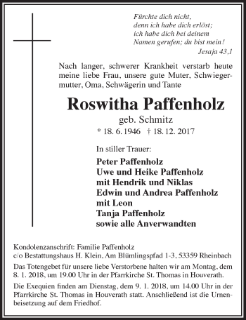 Anzeige von Roswitha Paffenholz von  Blickpunkt Euskirchen 