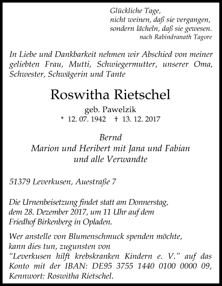  Traueranzeige für Roswitha Rietschel vom 23.12.2017 aus Kölner Stadt-Anzeiger / Kölnische Rundschau / Express